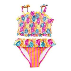 NWT Betsey Johnson Swimsuit 2 Pc Girls 14 Smocked Neon Fruit & Stripes Mix Print